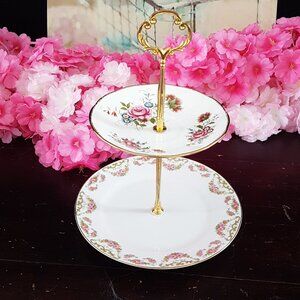 Handmade 2 Tier Cake Stand Pink Floral Jewelry Trinket Tray Tea Party Decor Gift